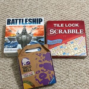Kids games: Battleship, Scrabble and Taco Bell Card Game
